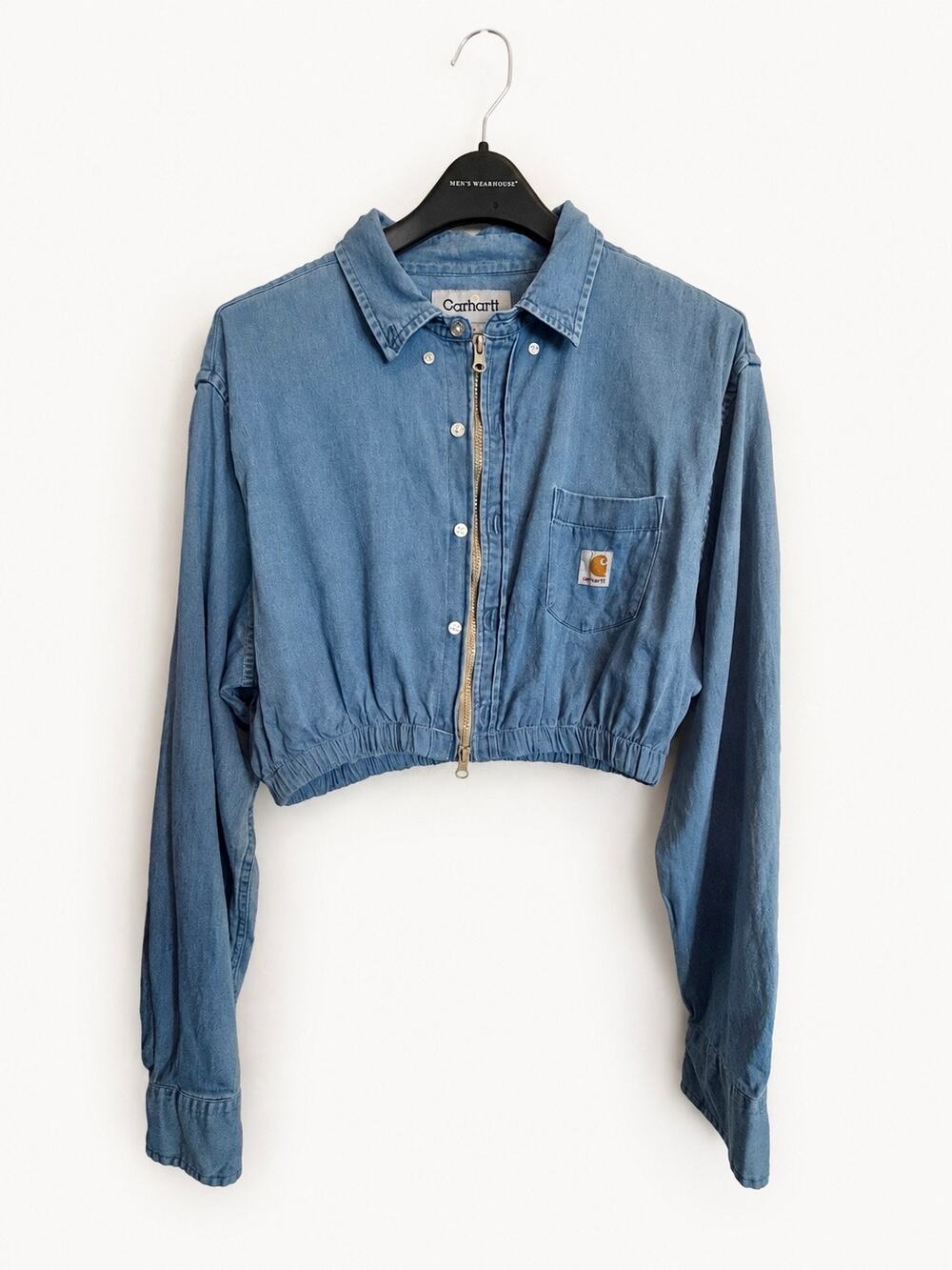 Vintage Carhartt Upcycled Reworked Cropped Chambray Jacket Shirt Size L Y2K - Picture 2 of 14